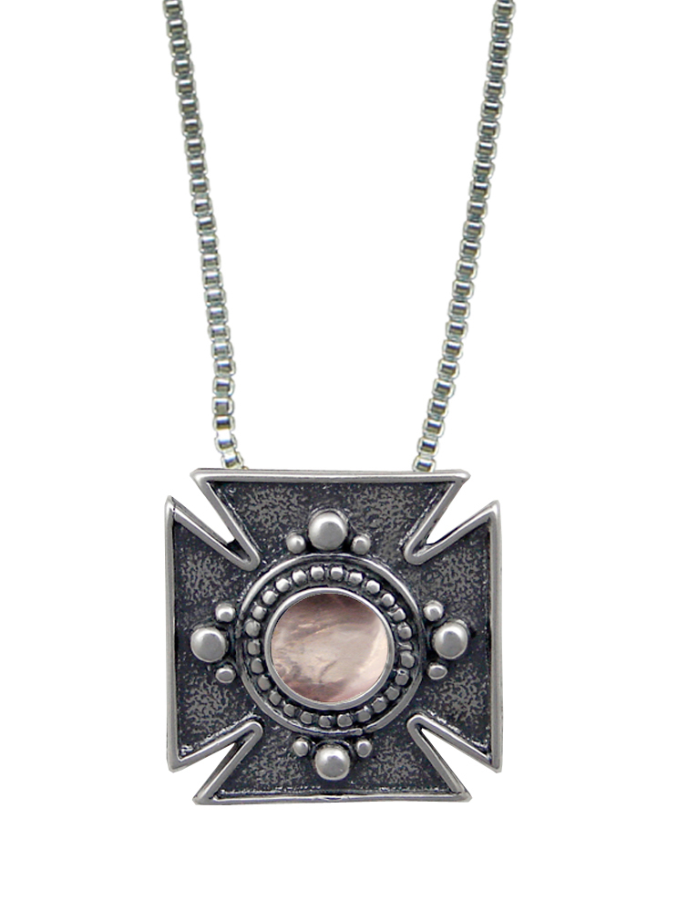 Sterling Silver Iron Cross Pendant Necklace With Rose Quartz